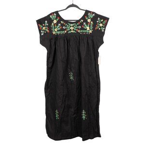 La Javabe Floral Embroidered Dress M VTG Boho Black Peasant Hippie Patio Kaftan